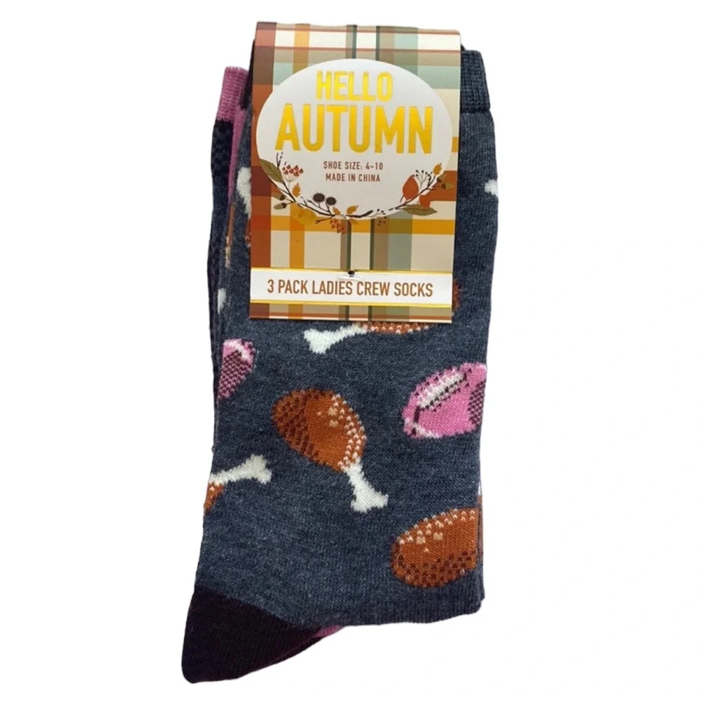 3-PACK HELLO AUTUMN Ladies Crew Socks Shoe Size‎ 4-10